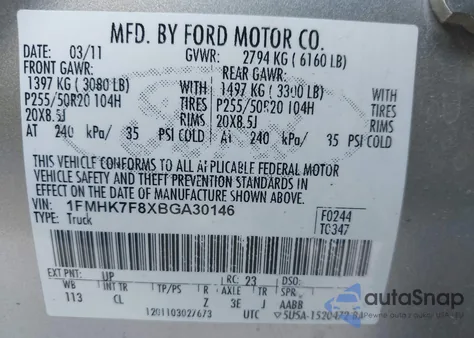 2011 Ford Explorer Limited z USA, uszkodzony, nr VIN 1FMHK7F8XBGA30146